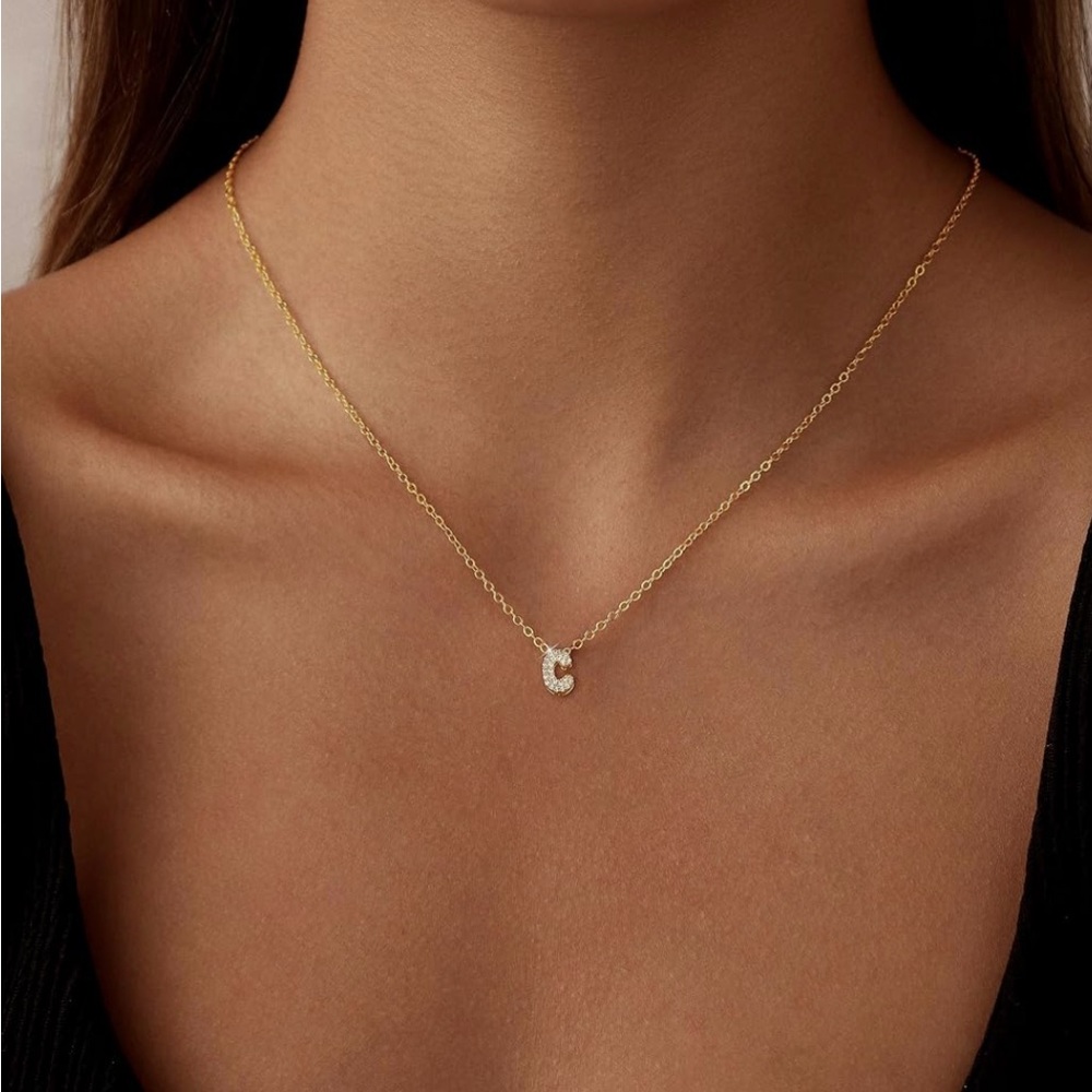 Gold Initial 'C' Necklace with Cubic Zirconia Accent